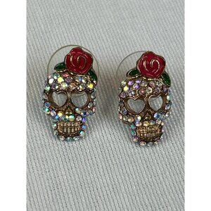 Sugar Skull Rhinestone Stud Earrings Red Rose Gold Tone Skeleton Design